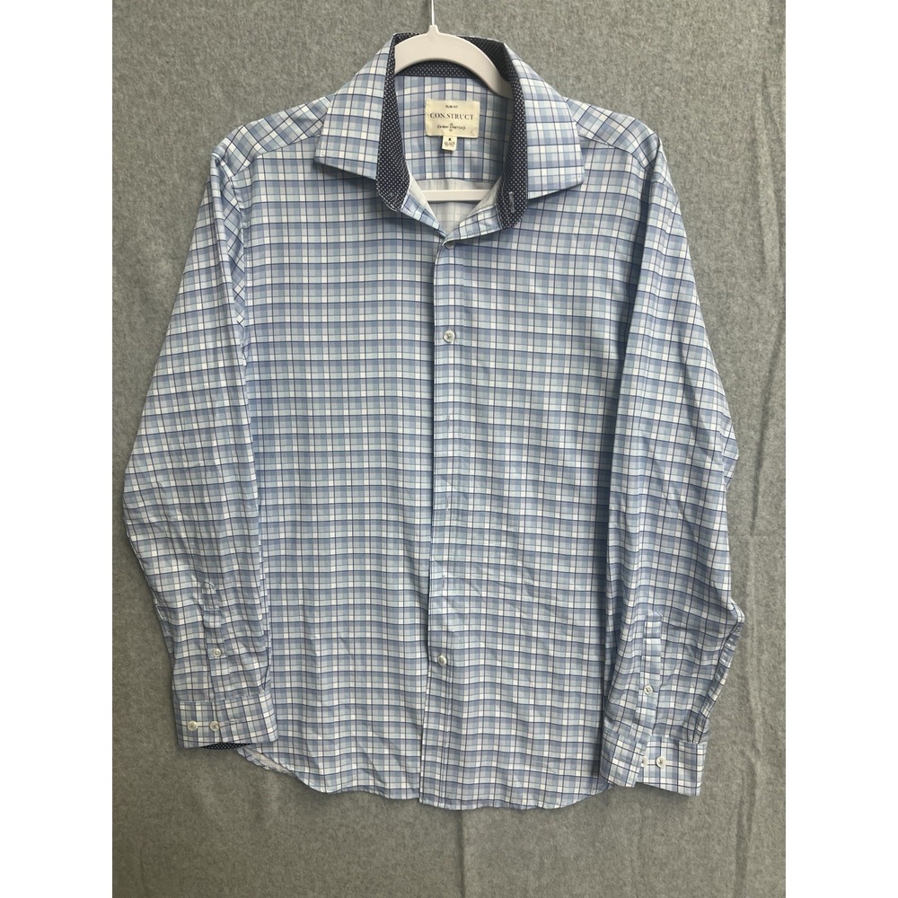 CON.STRUCT Mens Slim Fit Dress Shirt Blue White Plaid 4-Way Stret Medium 15-15.5
